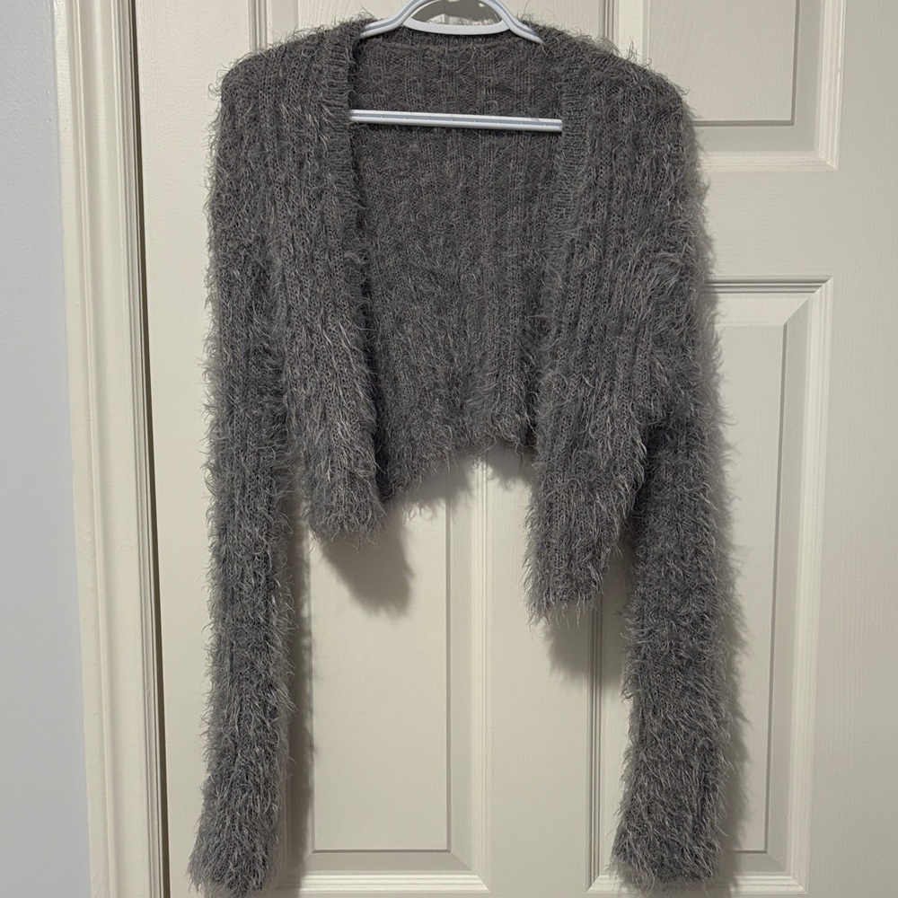 Elegant Charcoal Fuzzy Women's Cardigan